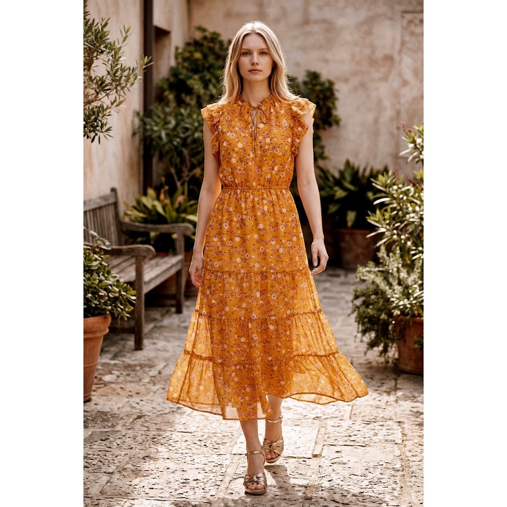 BB Dakota Steve Madden Orange Floral Tiered Chiffon Midi Dress Large